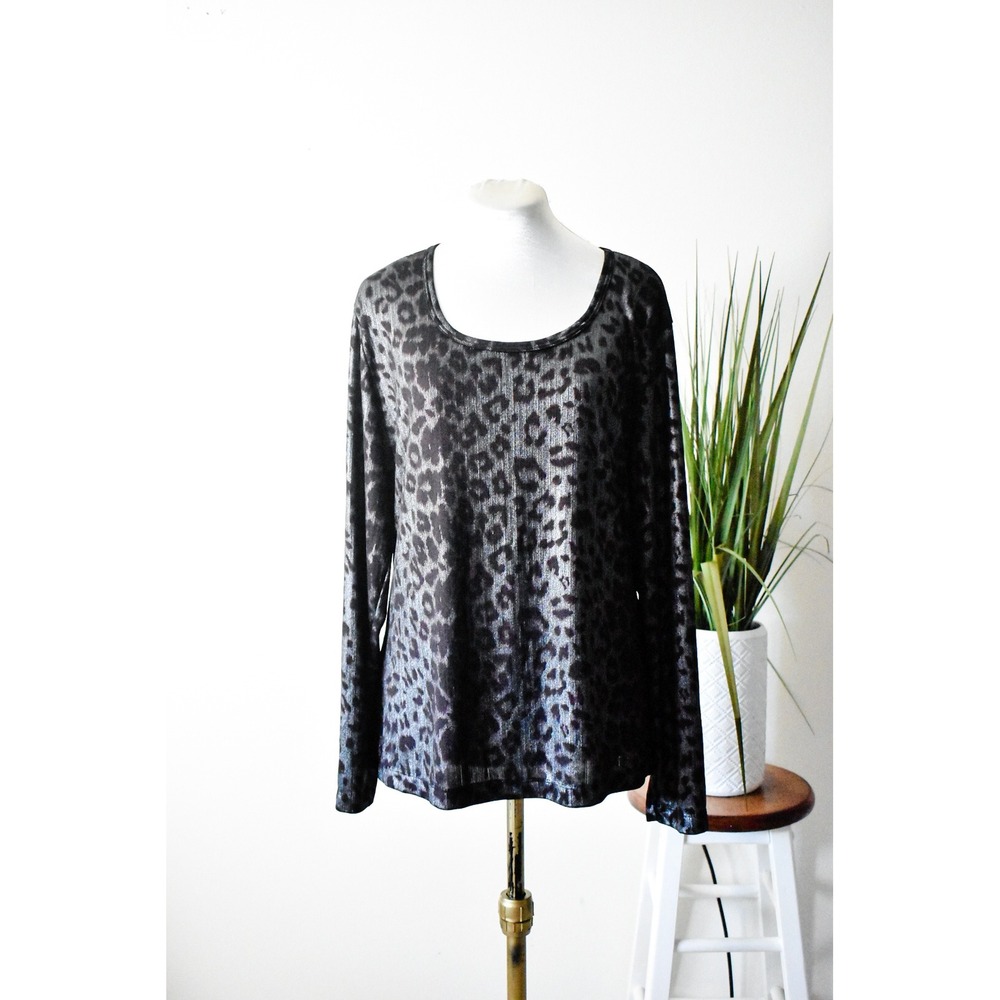 Chico's Leopard Print Top Women Size 1 Black Silver Y2K Metallic Long Sleeve